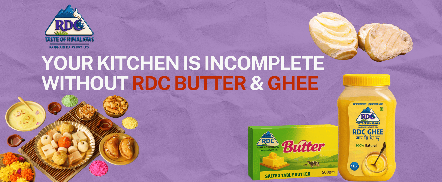 Rajdhani Dairy products including Unsalted Butter, Paneer, Cheese, and Dahi displayed with colorful background.